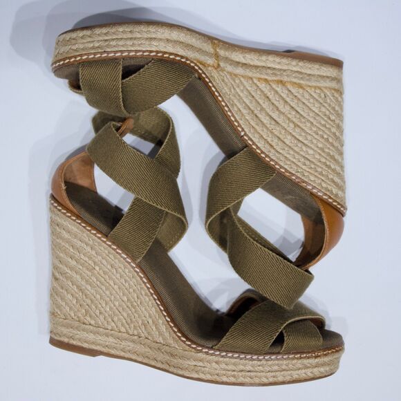 Tory Burch Adonis Wedge Espadrilles Sandals Army Green & Beige Women Size 9B - Picture 16 of 16